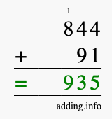 Calculate 844 + 91 using long addition
