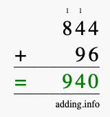 Calculate 844 + 96 using long addition