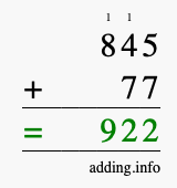 Calculate 845 + 77 using long addition
