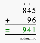 Calculate 845 + 96 using long addition