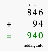 Calculate 846 + 94 using long addition