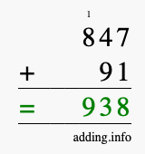 Calculate 847 + 91 using long addition