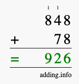 Calculate 848 + 78 using long addition