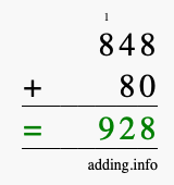 Calculate 848 + 80 using long addition