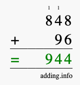 Calculate 848 + 96 using long addition