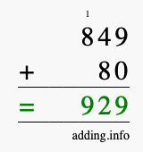 Calculate 849 + 80 using long addition