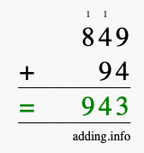 Calculate 849 + 94 using long addition