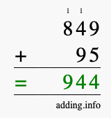 Calculate 849 + 95 using long addition