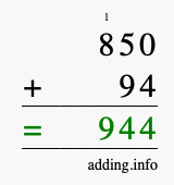 Calculate 850 + 94 using long addition
