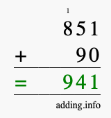 Calculate 851 + 90 using long addition