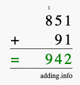 Calculate 851 + 91 using long addition