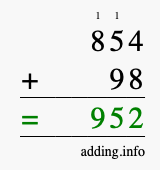 Calculate 854 + 98 using long addition