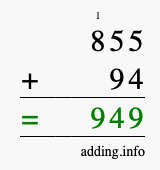 Calculate 855 + 94 using long addition