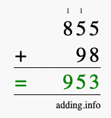 Calculate 855 + 98 using long addition