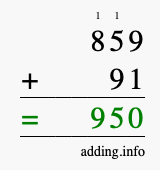 Calculate 859 + 91 using long addition