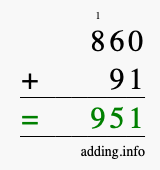 Calculate 860 + 91 using long addition
