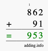 Calculate 862 + 91 using long addition