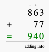 Calculate 863 + 77 using long addition