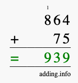 Calculate 864 + 75 using long addition