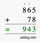 Calculate 865 + 78 using long addition