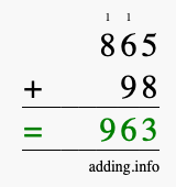 Calculate 865 + 98 using long addition