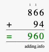 Calculate 866 + 94 using long addition