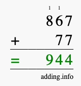 Calculate 867 + 77 using long addition