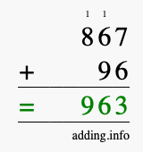 Calculate 867 + 96 using long addition