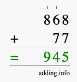 Calculate 868 + 77 using long addition