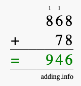 Calculate 868 + 78 using long addition