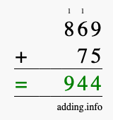 Calculate 869 + 75 using long addition