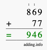 Calculate 869 + 77 using long addition