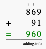 Calculate 869 + 91 using long addition
