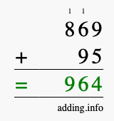 Calculate 869 + 95 using long addition
