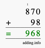 Calculate 870 + 98 using long addition