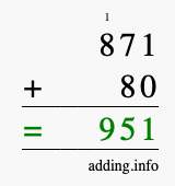 Calculate 871 + 80 using long addition