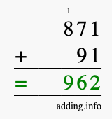 Calculate 871 + 91 using long addition