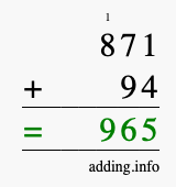 Calculate 871 + 94 using long addition