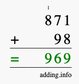 Calculate 871 + 98 using long addition