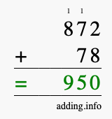 Calculate 872 + 78 using long addition