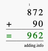 Calculate 872 + 90 using long addition