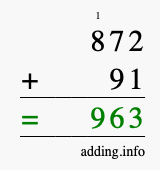 Calculate 872 + 91 using long addition