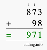 Calculate 873 + 98 using long addition