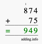 Calculate 874 + 75 using long addition