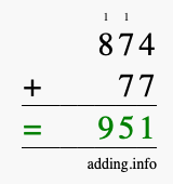 Calculate 874 + 77 using long addition