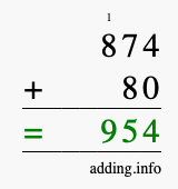 Calculate 874 + 80 using long addition