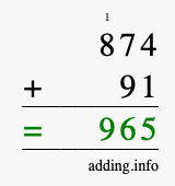 Calculate 874 + 91 using long addition
