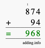 Calculate 874 + 94 using long addition