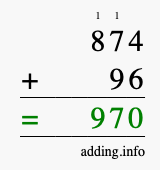 Calculate 874 + 96 using long addition