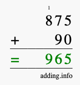 Calculate 875 + 90 using long addition